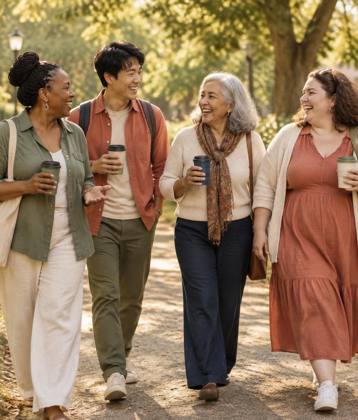 A diverse group of four people of different ages, ethnicities and body types walking and laughing together on a sunlit park path
